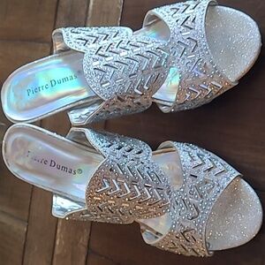 Pierre Dumas Silver Rhinestone Slip on Heeled Sandals size 7M